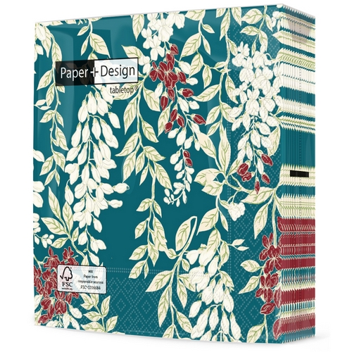 20 Servietten Wisteria teal - Wisteria auf grün 33x33cm