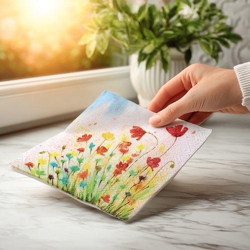 20 kleine Cocktailservietten Flourish Aurora - Kunstvoll bunte Blumenwiese 25x25cm
