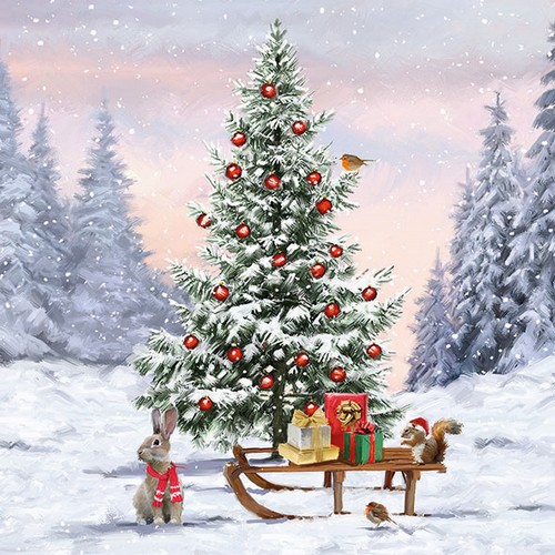 20 Servietten Winter Animals - Schlitten mit Tiere an Tannenbaum 33x33cm