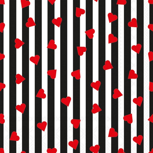 20 Servietten Sprinkled Hearts black - Herzen rot auf Streifen schwarz 33x33cm
