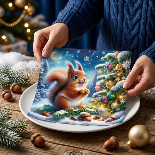 20 Servietten Cute Squirrel Christmas Landscape - Eichhörnchen erfreut vom Weihnachtsbaum 33x33cm