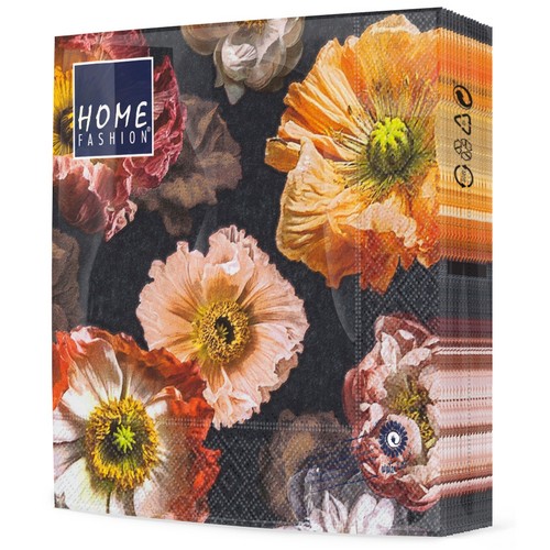 20 Servietten Papaver - Vintage Blüten auf Schwarz 33x33cm