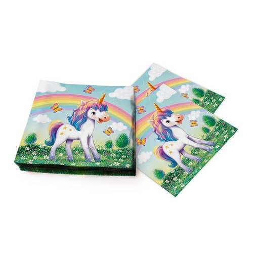 20 Servietten Jolly - Einhorn am bunten Regenbogen 33x33cm