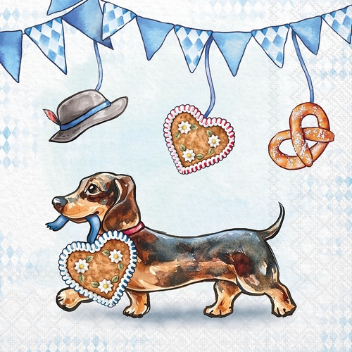 20 Servietten Bavarian Dachshund - Dackel mit Lebkuchenherz 33x33cm