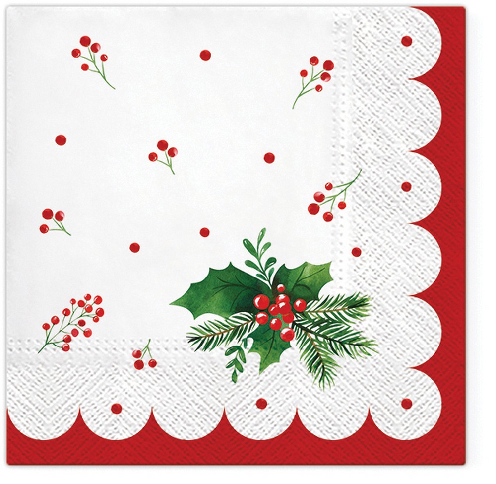 20 Servietten Holly in the Frame - Naturgefühl an roter Bordüre 33x33cm