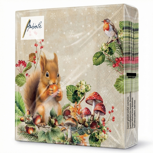 20 Servietten Fruit Collector - Eichhörnchen und Vogel an Früchte 33x33cm