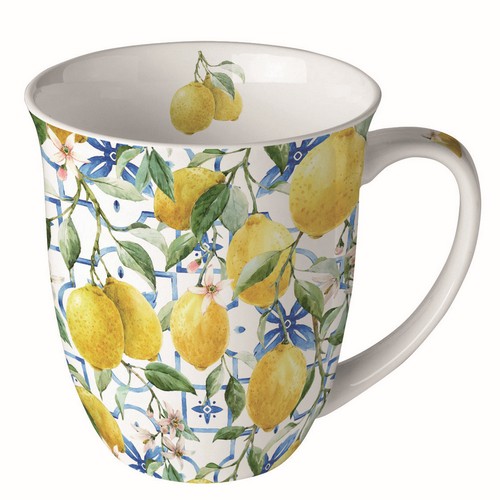Tasse aus Porzellan Mediterranean Lemons - Zitronen auf blauem Gitter 0,4L, Höhe 10,5cm