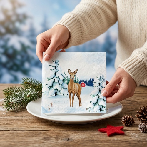 20 Servietten Snow Deer - Reh in Winternatur 33x33cm