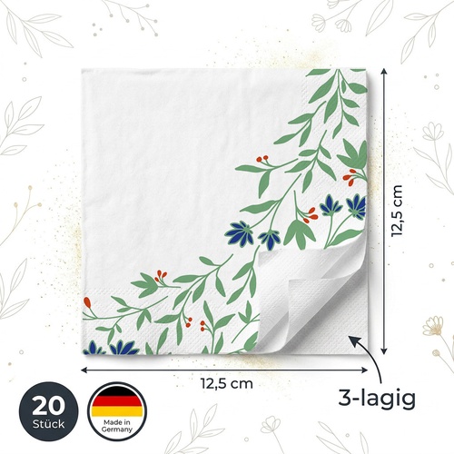 20 kleine Cocktailservietten Flora - Viele grüne Blätter mit Blüten 25x25cm