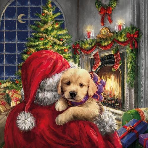 20 Servietten Puppy at Fire - Santa liebt den kleinen Hund 33x33cm
