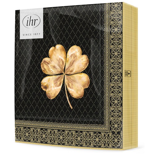 20 Servietten Golden Cloverleaf - Goldenes Kleeblatt auf schwarz  33x33cm