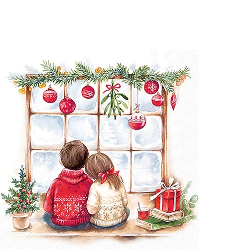 20 kleine Cocktailservietten Looking for Christmas - Kinder am Weihnachtsfenster 25x25cm