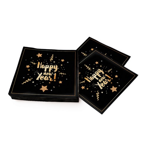 20 Servietten New Year Glitter black - Happy New Year gold auf schwarz 33x33cm