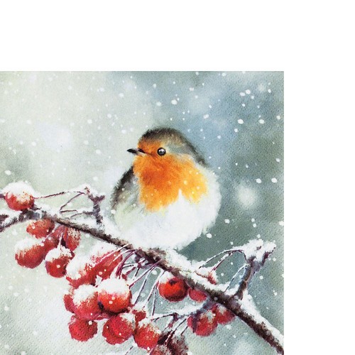 20 kleine Cocktailservietten Hello Robin - Winterszene mit Vogel 25x25cm