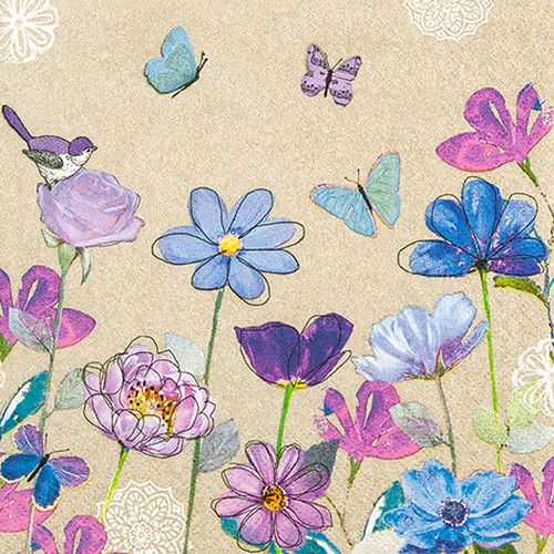 20 Servietten Pink and Blue - Gemalte Blumen blau-pink 33x33cm