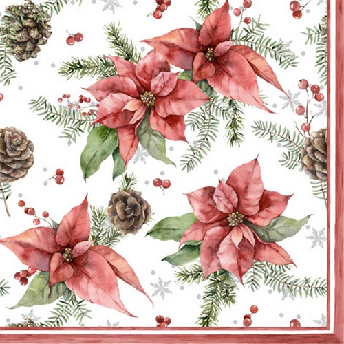 20 Servietten Poinsettia & Pine Cone - Zapfen an Weihnachtsstern 33x33cm