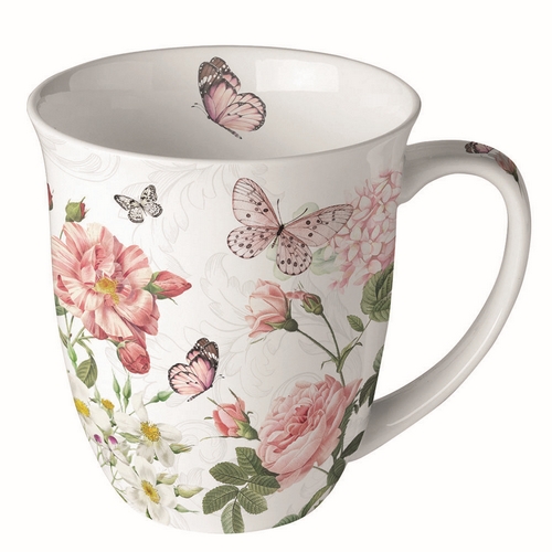 Tasse aus Porzellan Amelia white  - Schmetterlinge an Sommerblumen weiß 0,4L, Höhe 10,5cm