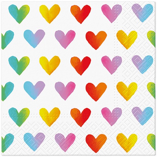 20 Servietten Rainbow Hearts - Regenbogen-Herzen 33x33cm