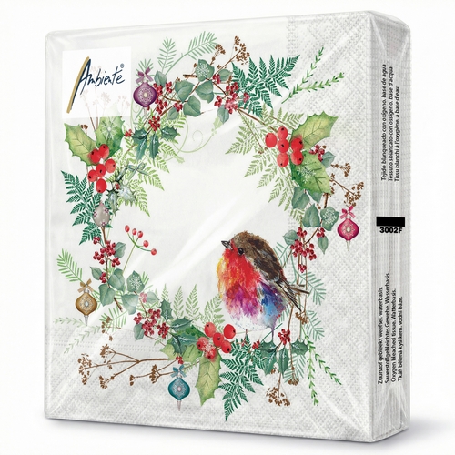 20 Servietten Robins Wreath white - Vrotkehlchen in winterlichen Kranz 33x33cm