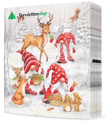 20 Servietten Gnomes with Forest Friends - Lustige Gnome füttern Tiere 33x33cm