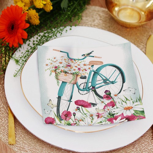 20 Servietten Romantic Bicycle - Blumen im Fahrradkorb 33x33cm