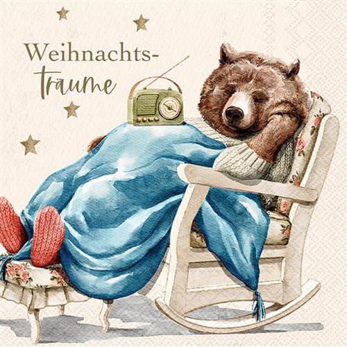 20 Servietten Weihnachtsträume cream - Bär im Schaukelstuhl 33x33cm