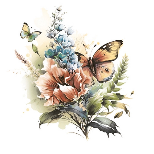 20 Servietten Butterfly and Floral Watercolour Illustration - Schmetterling an Blumenbouquet 33x33cm