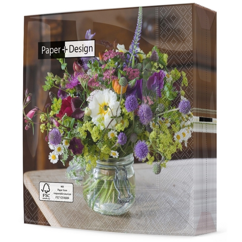 20 Servietten Blooming vase - Echter Blumenstrauß lila 33x33cm