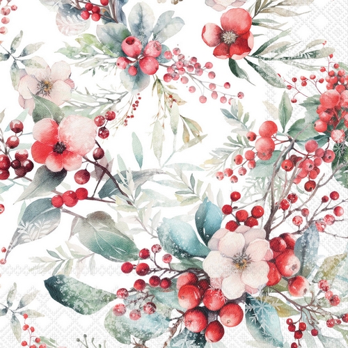20 Servietten Winter Berries - Frostige Winterbeeren und Blätter 33x33cm