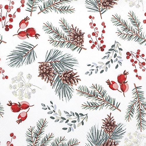20 Servietten Winter Botanicals - Nätürliche Zweige, Beeren und Zapfen 33x33cm