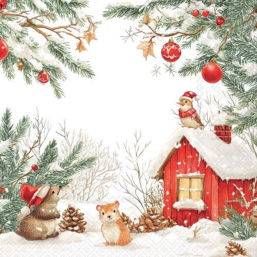 20 Servietten Friends by the Cabin - Lustige Tiere an Winterhütte 33x33cm