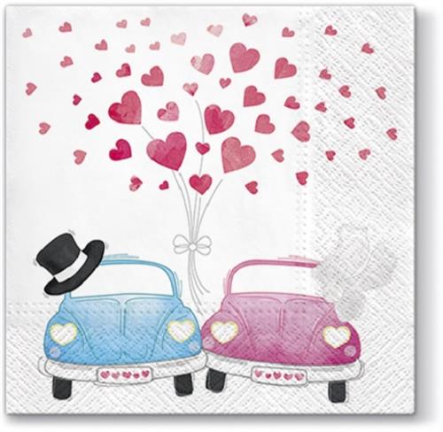 20 Servietten Cars in Love - Autos unter Herzregen 33x33cm