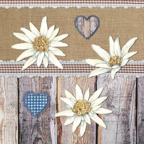 20 Servietten Edelweiss on Wood – Edelweiß auf rustikalem Holz 33x33cm