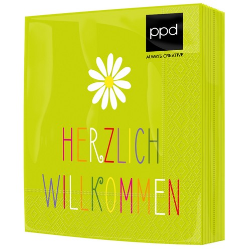 20 Servietten Herzlich - Herzlich Willkommen mit Blüte 33x33cm