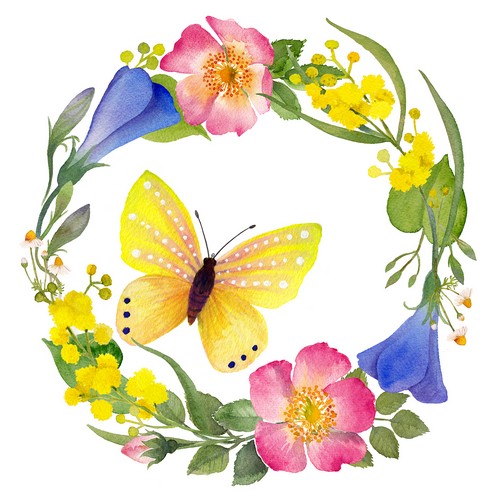 20 Servietten Nathalia - Schmetterling im Frühlingskranz 33x33cm