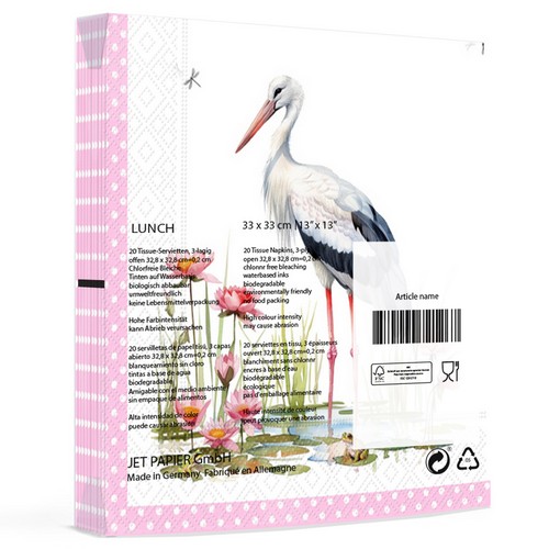 20 Servietten Stork & Frogs rose - Storch an Bordüre rosa 33x33cm