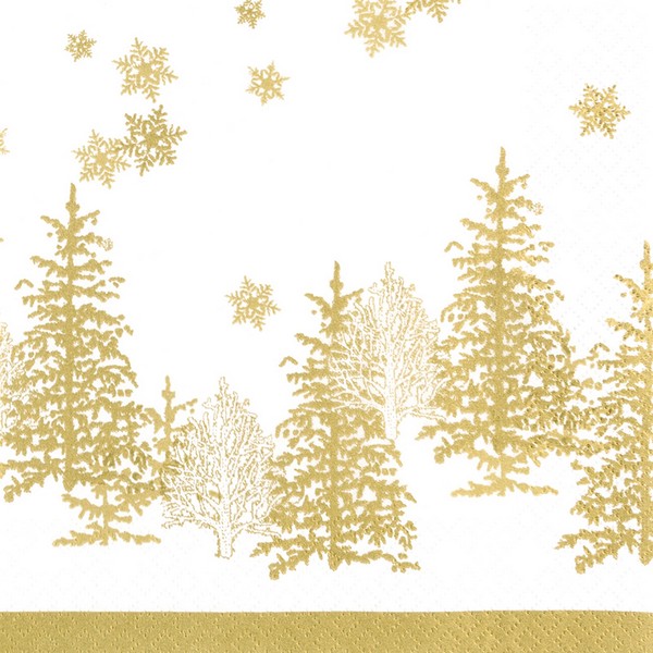 20 kleine Cocktailservietten Tree and Snowflakes gold - Bäume & Schneeflocken gold 25x25cm