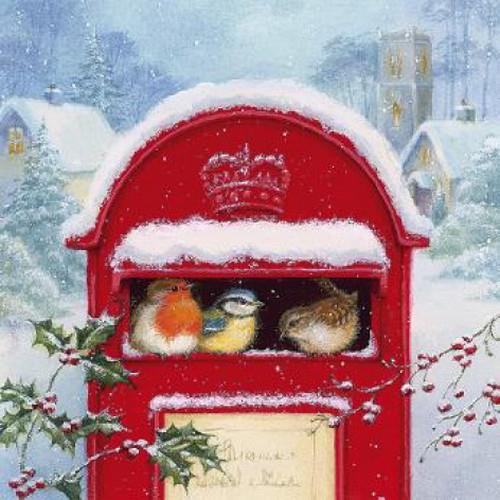 20 Servietten Red Post Box - Wintervögel im Briefkasten 33x33cm
