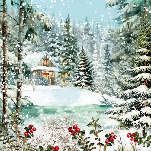 20 Servietten Cabin in the Woods - Hütte versteckt im Winterwald 33x33cm