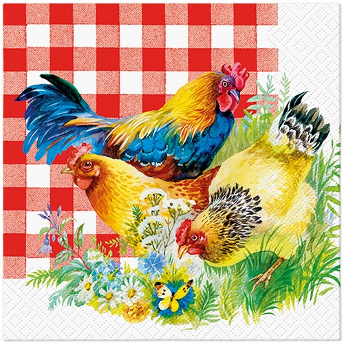 20 Servietten Chicken Couple - Hühner auf rotem Karo 33x33cm