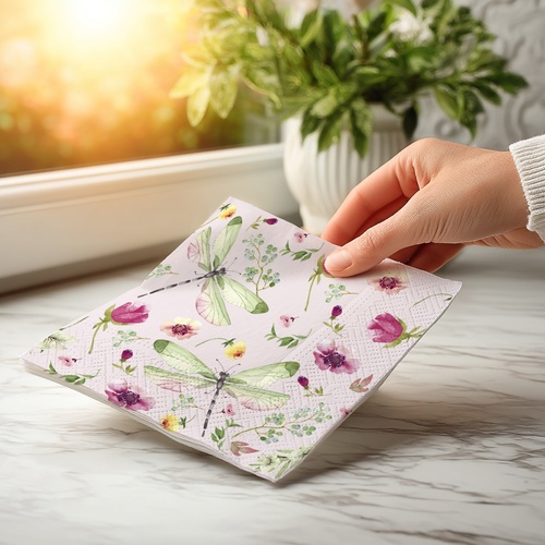 20 kleine Cocktailservietten Summer Field pink - Libellen an Blumenmeer 25x25cm