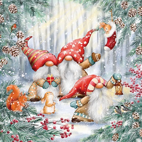20 Servietten Gnomes in snowy Forest - Zwerge mit Tiere im Winterwald 33x33cm