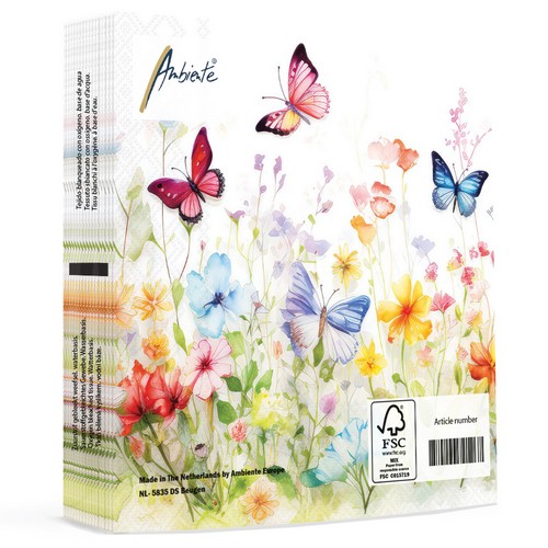 20 Servietten Butterflies in Field white - Schmetterlinge im bunten Blumenfeld 33x33cm