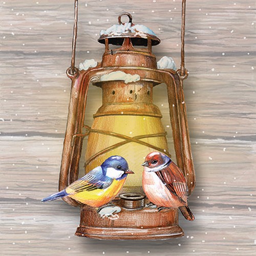 20 Servietten Birds on Lamp - Zwei Vögel an Winterlaterne 33x33cm