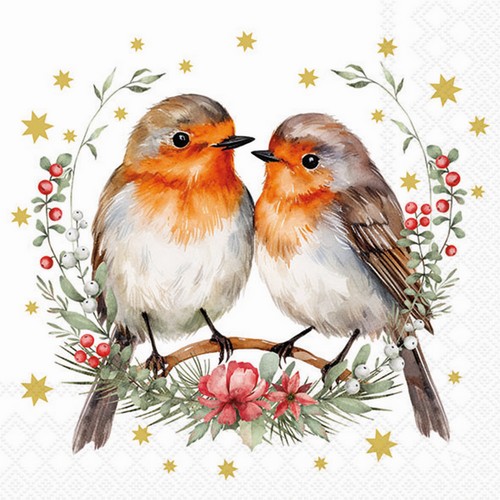 20 Servietten Couple of Robins - Rotkehlchen im Winterkranz 33x33cm