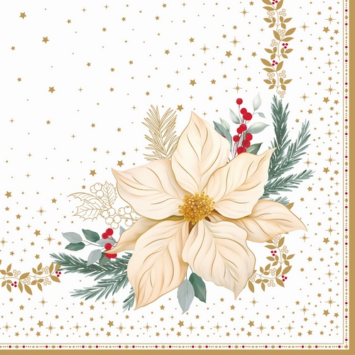 20 Servietten White Elegance - Weißer Weihnachtsstern auf goldene Sterne 33x33cm