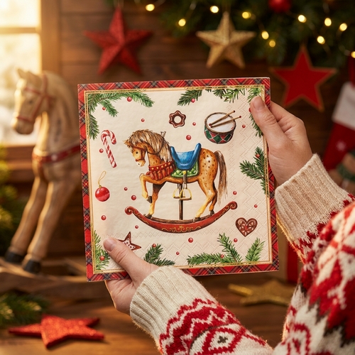20 Servietten Classic rocking Horse cream - Schaukelpferd mit Weihnachtselemente 33x33cm