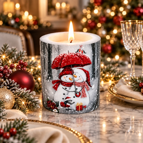 Kerze rund Snowmen with Umbrella - Schneemänner mit Regenschirme Ø 8cm, Höhe 8,5cm