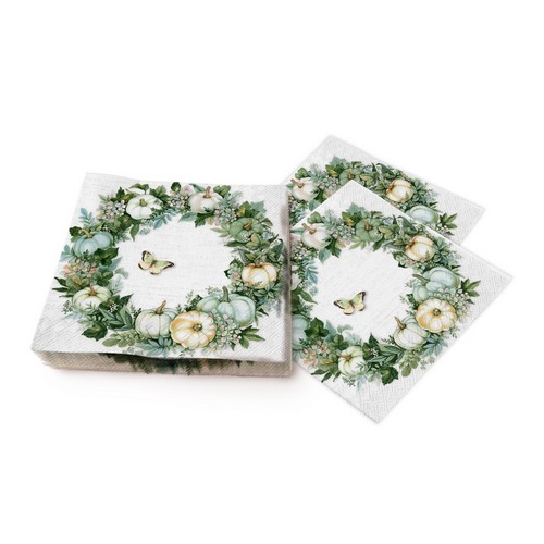 Papierservietten Pumpkin Wreath – 20 Stück, 33x33 Cm, Dreilagig, Grünes Design