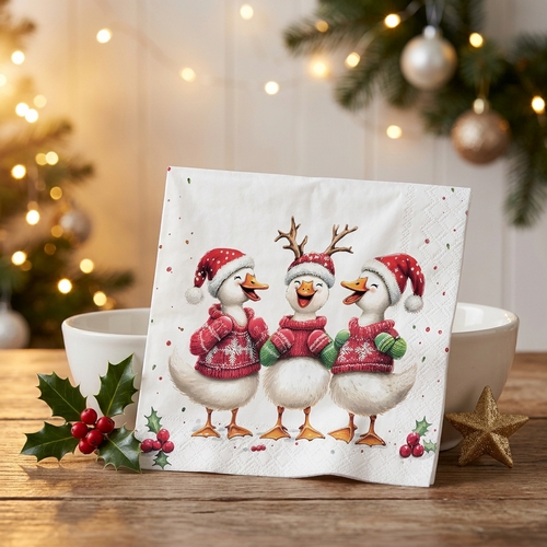 20 Servietten Jolly Ducks - Weihnachtliches Enten-Trio 33x33cm